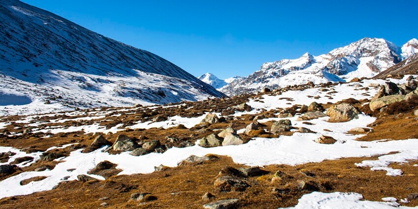 A captivating view of snow-clad mountain peaks at the famous Zero Point in Sikkim.