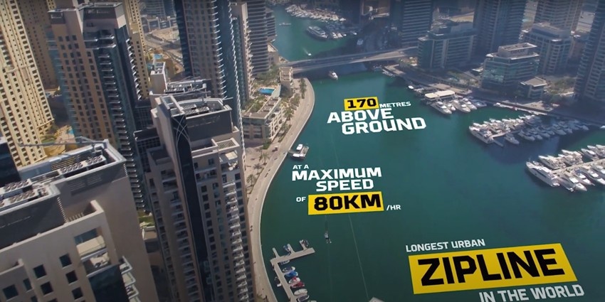 A picture showing the high ziplining route in Dubai with some highlights of the adventure. One of the best things to do in Dubai