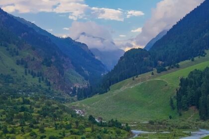 A mesmerising view of a lush green valley in Kashmir with mountains in the backdrop.