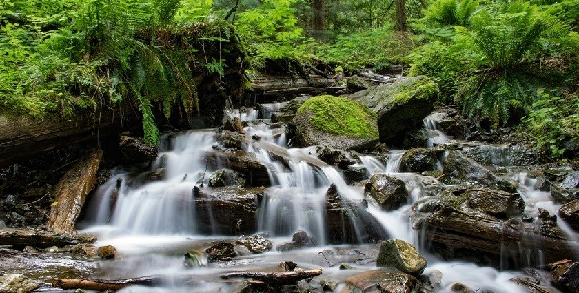 A breathtaking vista of cascading waterfalls passing through the rugged terrains.