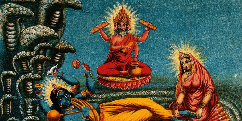 Depiction of Vishnu lying on a serpent with Lakshmi massaging his feet, showcasing traditional Hindu art.