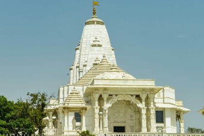 Serene view of Bhagsunag Temple nestled in the mountains, highlighting its peaceful ambience