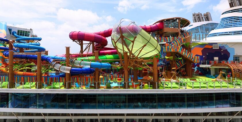 The Aastha water park features various slides.