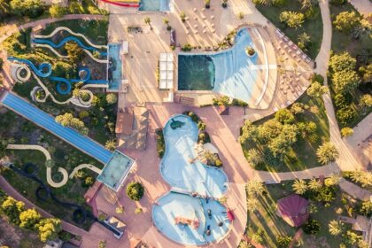 A bird’s eye view of the leisure hub in Gujarat featuring serene pools and rides.