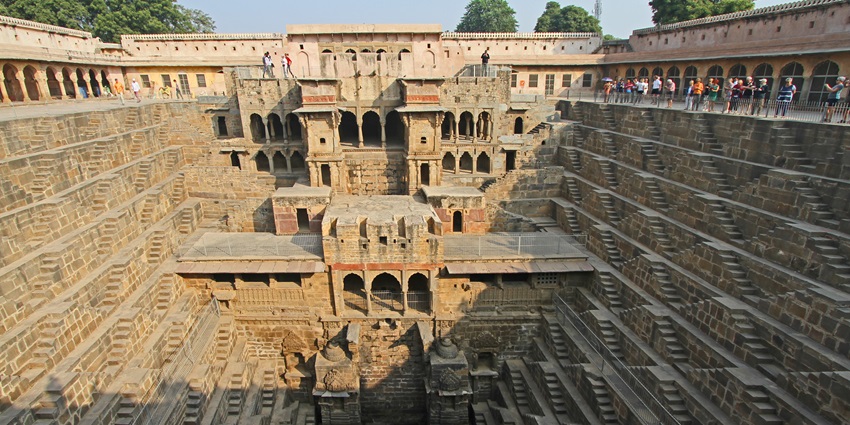 The intricate steps of Chand Baori in Abhaneri showcasing its ancient architectural design.