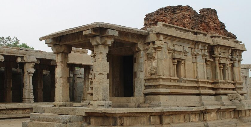 An image of KJS Temple, with pillars and a historic architecture which is observed in most of the historic temples