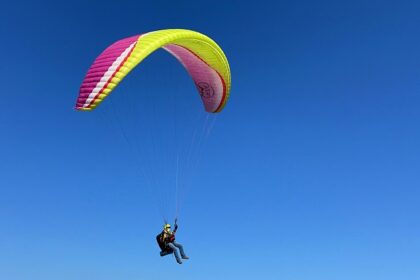 A mesmerising view of a person enjoying paragliding in a clear blue sky during the day.