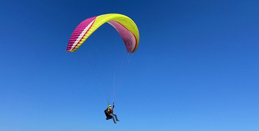 A mesmerising view of a person enjoying paragliding in a clear blue sky during the day.