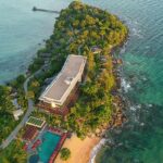 An aerial view of a beach resort on Phu Quoc Island captured through a drone.