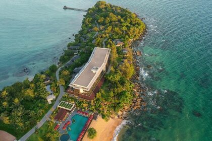 An aerial view of a beach resort on Phu Quoc Island captured through a drone.