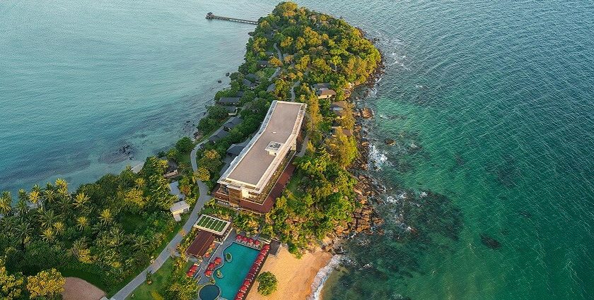 An aerial view of a beach resort on Phu Quoc Island captured through a drone.