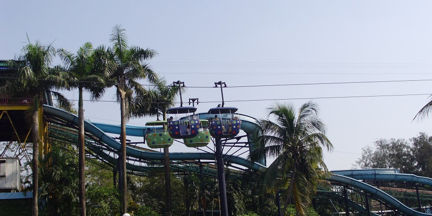 Cable ride with palm trees in the background at a water park near Vadodara, offering scenic views.