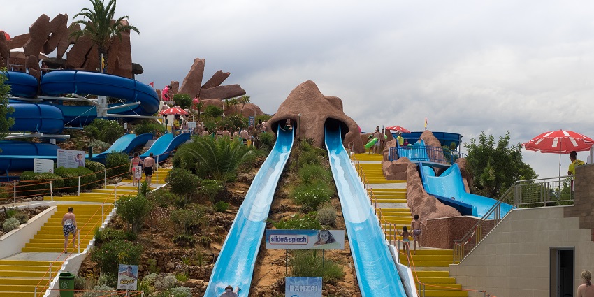 The water park in Gujarat includes various high-speed water slides.