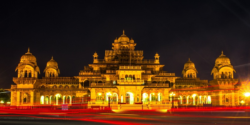 Albert Hall Museum glowing at night, highlighting Jaipur's majestic charm and vibrancy.