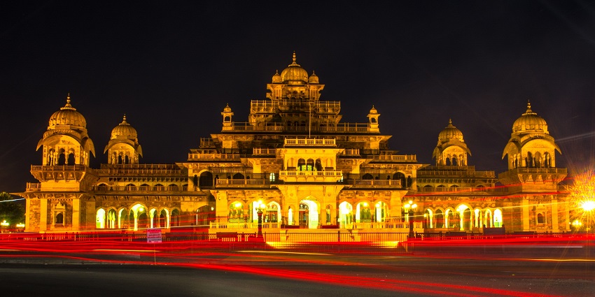 Night view of the illuminated Albert Hall Museum in Jaipur, with its grand design