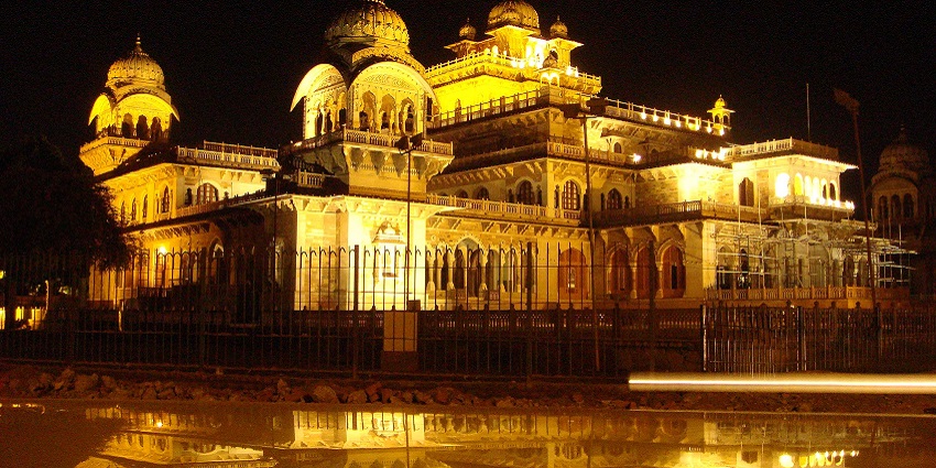 Majestic view of the Albert Hall Museum at night, illuminated by lights