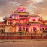 Front view of Albert Hall in Jaipur, showcasing its stunning Indo-Saracenic architecture.