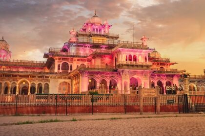 Front view of Albert Hall in Jaipur, showcasing its stunning Indo-Saracenic architecture.