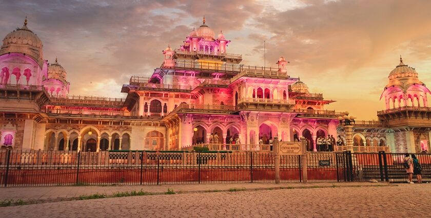 Front view of Albert Hall in Jaipur, showcasing its stunning Indo-Saracenic architecture.