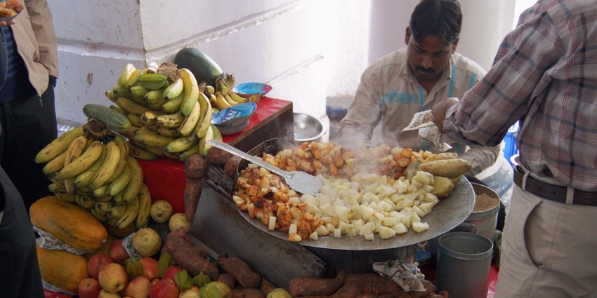 You can enjoy aloo chaat which has an amalgamation of mashed potatoes and several spices and veggies.