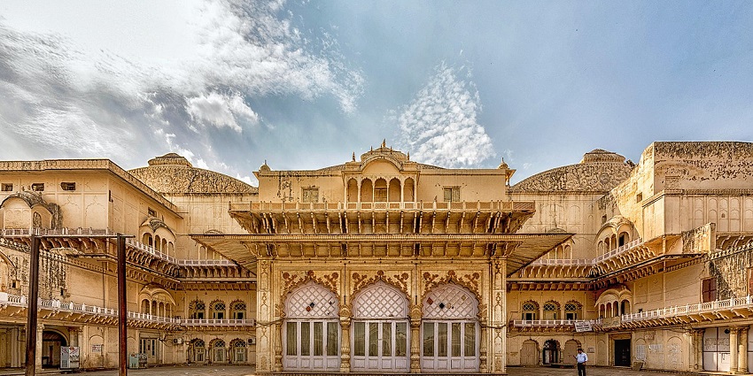 The courtyard of the intricately designed Alwar palace is an architectural delight in Rajasthan