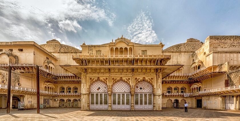 Exterior view of the City Palace in Alwar, home to the Alwar Museum showcasing royal heritage.