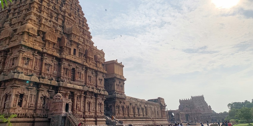 View of the Amareshwar Temple, with the intricate architecture reflected in broad daylight