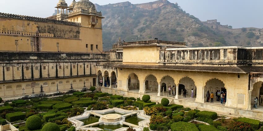 Amber Fort near Jaipur boasts Hindu-Mughal architecture and lake views