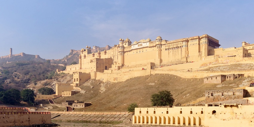 The view of Amber Fort, a historical landmark, from the Maotha Lake.