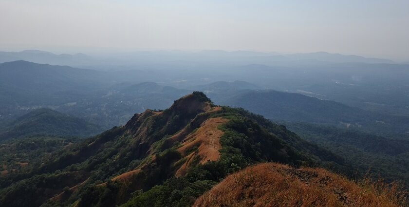 A bird’s eye view of green-capped majestic peaks surrounded by misty blanket of air.