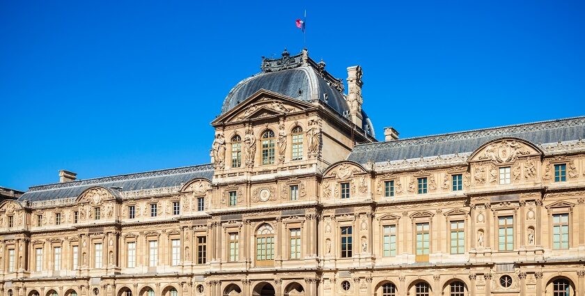 A view of a famous museum from outside, built in traditional architecture.