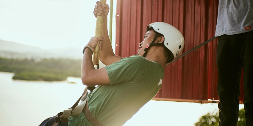 Excited person preparing for zip lining at Amritara Gogunda Palace Adventure Park, Udaipur