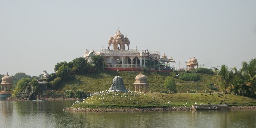 The sacred Dhyan Mandir seen from the picturesque Anand sagar lake