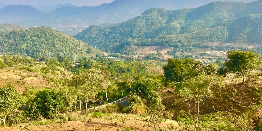 A picture taken from a hill showing other nearby hills and valleys with tall trees and greenery all around