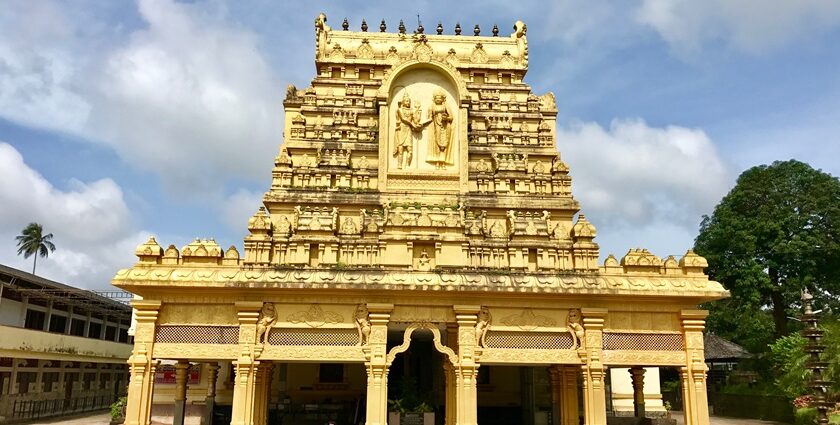 Exterior view of Annapurna Temple in Indore, highlighting its ornate architecture and intricate carvings.