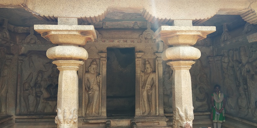 Snapshot of the A Pallava period rock cut temple with sculptures of Lord Varaha and Lord Vamana.