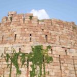 A picture of the Tughlaqabad Fort from the front with wild plants growing in the cracks in its walls