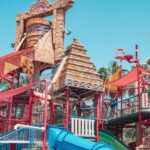 View inside the Appu Ghar water park, big vibrant water slides and a swimming pool