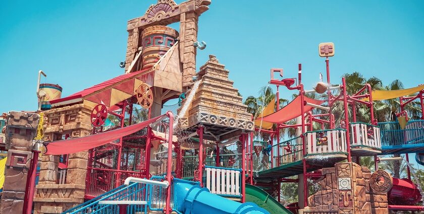 View inside the Appu Ghar water park, big vibrant water slides and a swimming pool