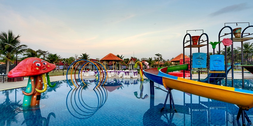 Exciting amusement park with vibrant pool accessories at Aquatic Adventure Park