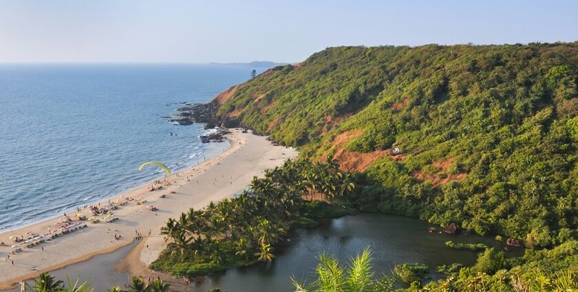 A view of the pristine Arambol Beach and serene Sweet Lake from a high point of view.