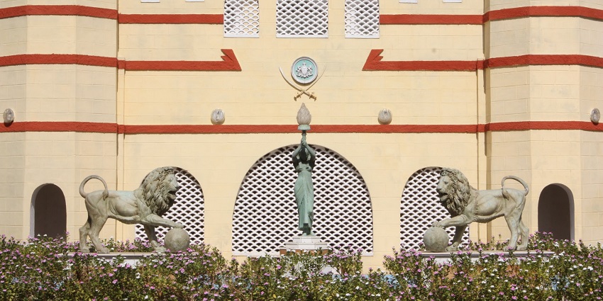 View of the main building at the Auto World Vintage Car Museum in Gujarat