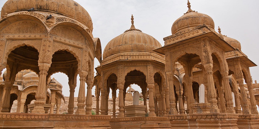 Bada Bagh in Jaisalmer, featuring majestic cenotaphs set against a desert backdrop