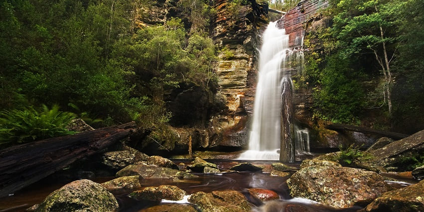 Scenic waterfall in Harihareshwar, surrounded by lush monsoon greenery.