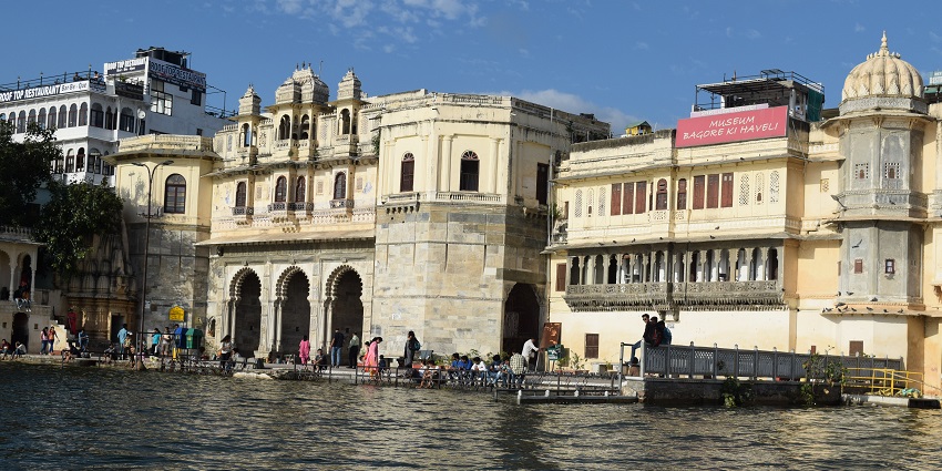 The backside view of Bagore Ki Haveli in Udaipur, showcasing its traditional architecture and ornate detailing.