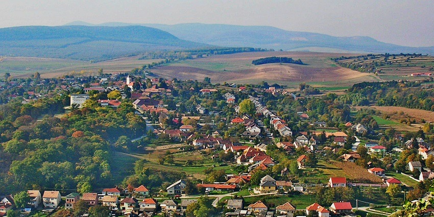 A view of Bajna village with lush green fields and traditional temples during the day.