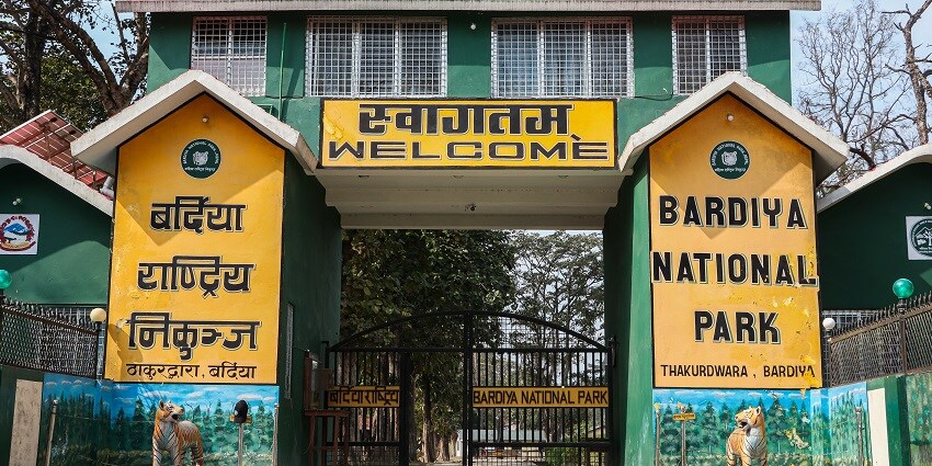 Main entry gate of Bardia National Park in Terai region, showcasing its remote wilderness.