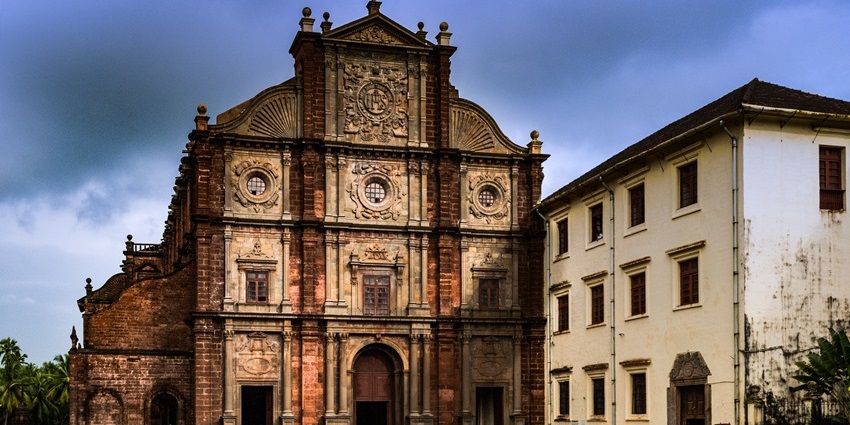View of the architectural grandeur of Basilica of Bom Jesus surrounded by greenery