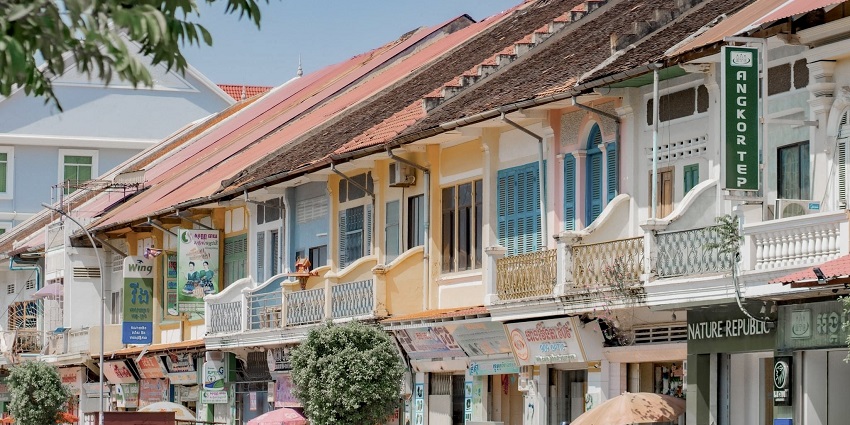 View of vibrant colonial-era townhouses in Battambang, reflecting historical architecture