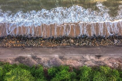 An aerial view of the turquoise blue waters touching the shorelines at the beach.